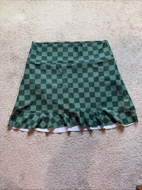 Albion Fit Checkerboard Green Skater Swim Skirt with Ruffle Hem